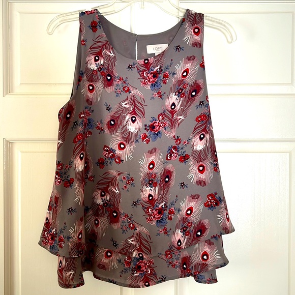 LOFT Tops - Loft outlet, silky sleeveless blouse, gray with feathers